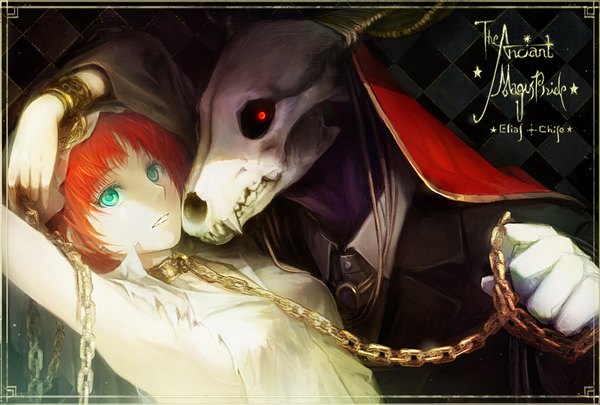 Anime picture 1420x960 with mahou tsukai no yome wit studio hatori chise ellias ainsworth anco looking at viewer short hair breasts red eyes red hair horn (horns) aqua eyes lips inscription teeth armpit (armpits) fang (fangs) copyright name torn clothes glowing