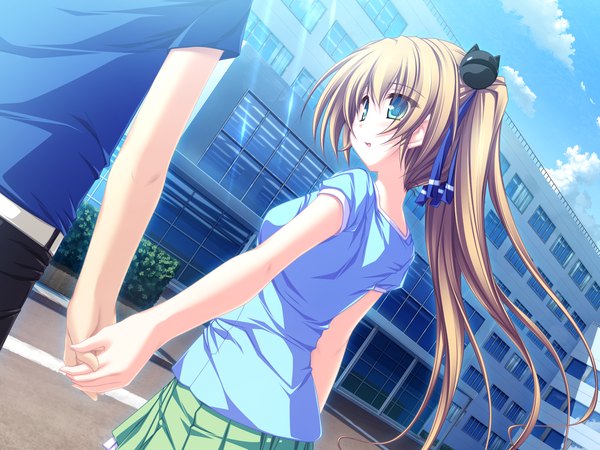 Anime picture 1600x1200 with suzukaze no melt hisagihara ui tenmaso long hair brown hair twintails green eyes game cg couple holding hands solo focus head out of frame girl boy