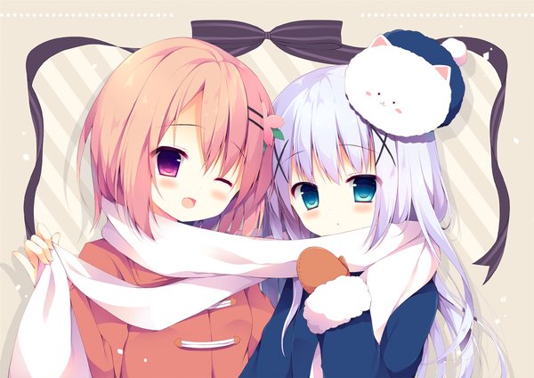 Anime picture 1000x707 with gochuumon wa usagi desu ka? white fox kafuu chino hoto cocoa tippy (gochiusa) izumiyuhina long hair looking at viewer blush short hair open mouth purple eyes multiple girls pink hair purple hair aqua eyes grey background cute striped background animal on head