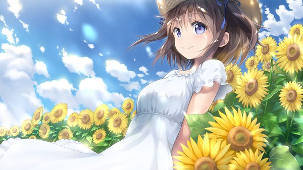 Anime picture 1920x1080 with original remiina (reming185) single looking at viewer blush fringe highres short hair smile brown hair wide image purple eyes cloud (clouds) wind shadow two side up wallpaper lens flare side ponytail hands behind back