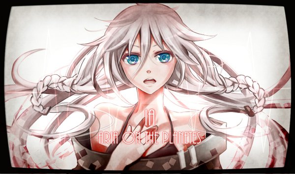 Anime picture 1500x885 with vocaloid aria on the planetes (vocaloid) ia (vocaloid) single long hair fringe open mouth blue eyes blonde hair wide image bare shoulders braid (braids) twin braids close-up girl