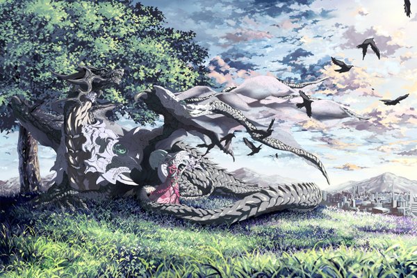 Anime picture 1440x960 with sky cloud (clouds) city girl plant (plants) animal tree (trees) bird (birds) umbrella grass dragon