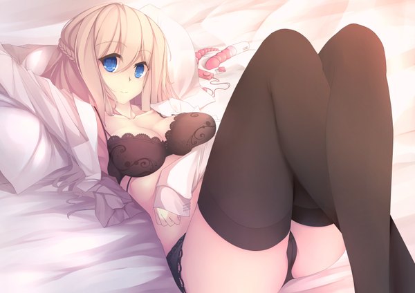 Anime picture 3506x2480 with warship girls r lexington (warship girls r) blackaz single long hair looking at viewer highres blue eyes light erotic blonde hair absurdres open clothes open shirt girl thighhighs underwear panties black thighhighs shirt lingerie