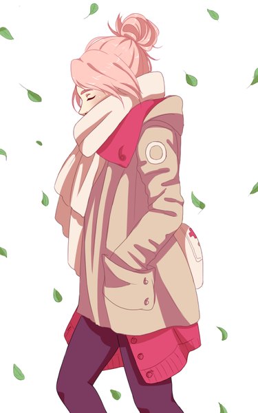 Anime picture 1117x1787 with naruto studio pierrot naruto (series) haruno sakura single tall image blush short hair simple background white background pink hair eyes closed hands in pockets girl scarf leaf (leaves)