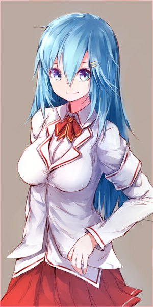 Anime picture 850x1700 with original silver (chenwen) single long hair tall image looking at viewer fringe blue eyes simple background smile hair between eyes blue hair brown background girl uniform school uniform hairclip