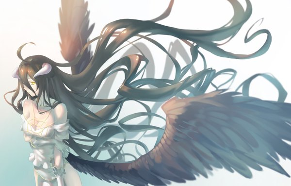 Anime picture 2000x1277 with overlord (maruyama) madhouse albedo (overlord) azomo single highres black hair yellow eyes very long hair horn (horns) black wings low wings girl dress gloves wings white gloves
