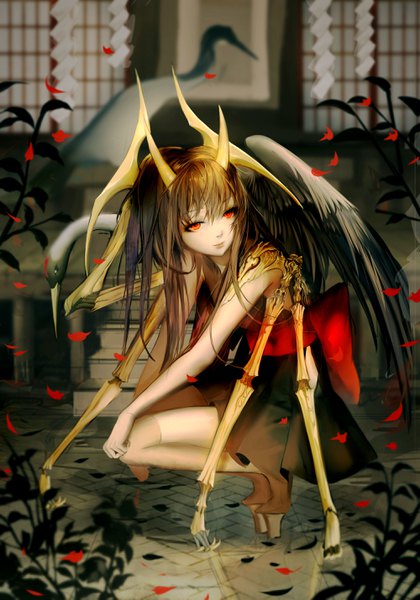 Anime picture 2000x2858 with original sa'yuki single long hair tall image looking at viewer fringe highres hair between eyes red eyes brown hair ponytail pleated skirt horn (horns) light smile zettai ryouiki reflection squat demon girl hand on knee