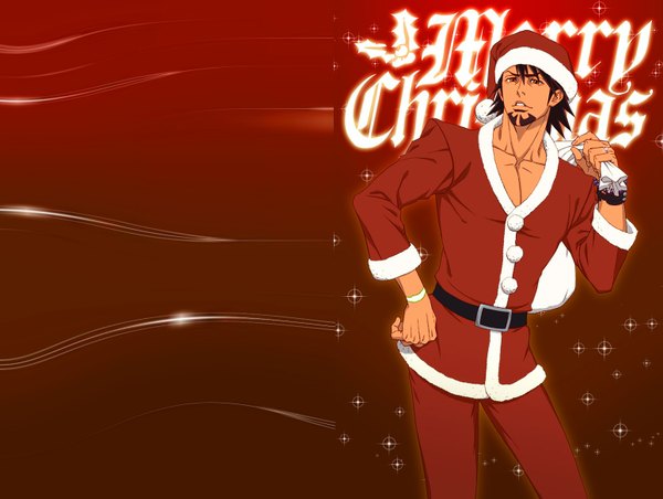 Anime picture 1550x1169 with tiger & bunny sunrise (studio) kaburagi t. kotetsu single short hair black hair simple background brown hair standing orange eyes alternate costume hand on hip christmas red background merry christmas boy bracelet ring gift santa claus hat