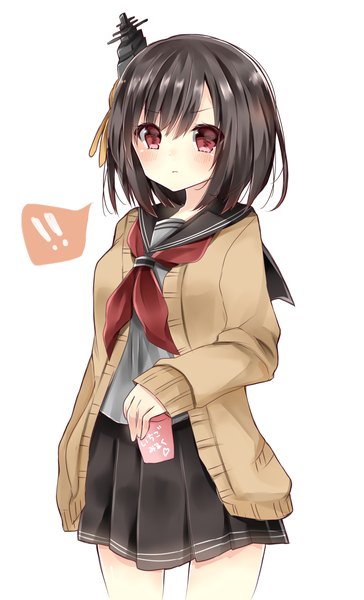 Anime picture 1093x1800 with kantai collection yamashiro battleship souhi single tall image looking at viewer blush fringe short hair black hair simple background red eyes white background pleated skirt alternate costume ! girl skirt uniform hair ornament