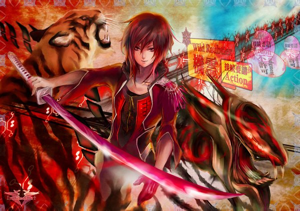 Anime picture 1800x1271 with original ic-kaname single looking at viewer highres short hair smile red eyes red hair inscription boy weapon sword tiger