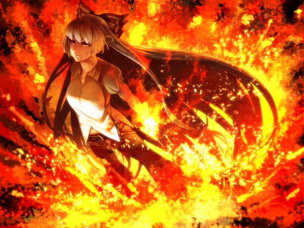 Anime picture 1600x1200 with touhou fujiwara no mokou irohara mitabi single long hair red eyes white hair girl bow hair bow fire