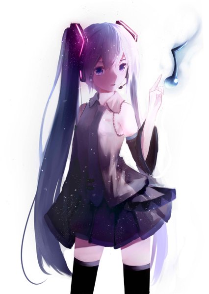 Anime picture 1240x1748 with vocaloid hatsune miku shimmer single long hair tall image fringe open mouth simple background hair between eyes standing white background twintails purple eyes bare shoulders payot looking away pleated skirt grey hair wide sleeves