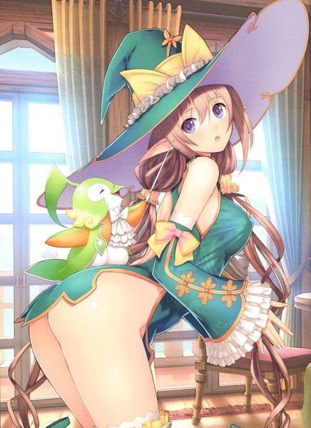 Anime picture 4753x6535 with shining (series) shining resonance rinna mayfield tony taka single long hair tall image highres open mouth blue eyes light erotic brown hair absurdres ass scan official art leaning leaning forward arched back witch
