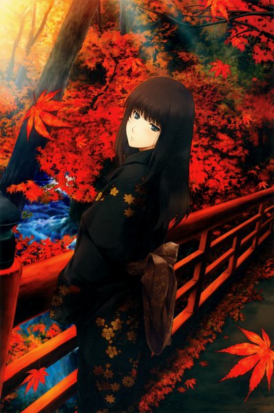 Anime picture 2652x4000 with kara no shoujo innocent grey kuchiki toko sugina miki single long hair tall image looking at viewer fringe highres blue eyes black hair hair between eyes traditional clothes japanese clothes looking back from behind scan official art floral print