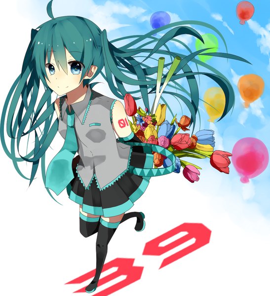 Anime picture 1024x1124 with vocaloid hatsune miku single long hair tall image blue eyes twintails ahoge aqua hair girl skirt flower (flowers) detached sleeves miniskirt necktie