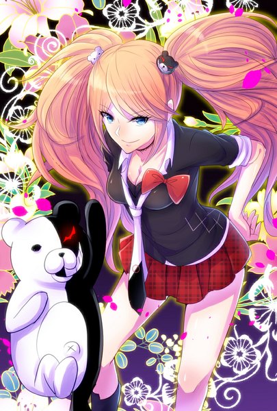 Anime picture 680x1006 with dangan ronpa enoshima junko monokuma kageakira (shino1007) single long hair tall image looking at viewer breasts blue eyes blonde hair smile standing twintails from above hand on hip floral print twisty sleeves girl skirt