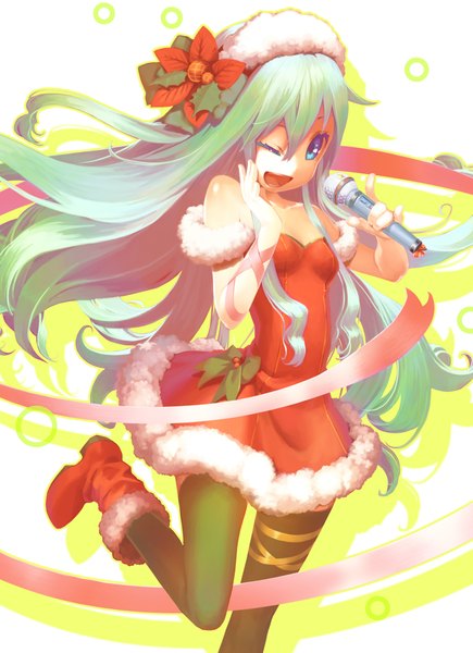 Anime picture 1500x2069 with original yuanmaru single long hair tall image open mouth blue eyes bare shoulders one eye closed wink aqua hair fur trim christmas girl thighhighs bow ribbon (ribbons) black thighhighs fur microphone