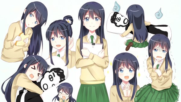 Anime picture 1200x675 with love lab doga kobo maki natsuo fishchan long hair looking at viewer blush fringe open mouth blue eyes black hair simple background smile wide image white background payot looking away eyes closed head tilt hair flower