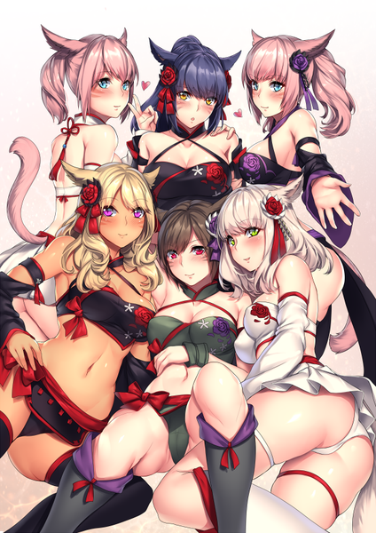 Anime picture 601x850 with final fantasy final fantasy xiv square enix miqo'te aruma jiki long hair tall image looking at viewer blush fringe open mouth light erotic black hair blonde hair simple background smile red eyes white background twintails purple eyes