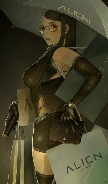 Anime picture 1179x2000 with alien1452 single long hair tall image highres breasts light erotic brown hair large breasts bare shoulders nipples rain latex leather girl thighhighs gloves miniskirt glasses elbow gloves