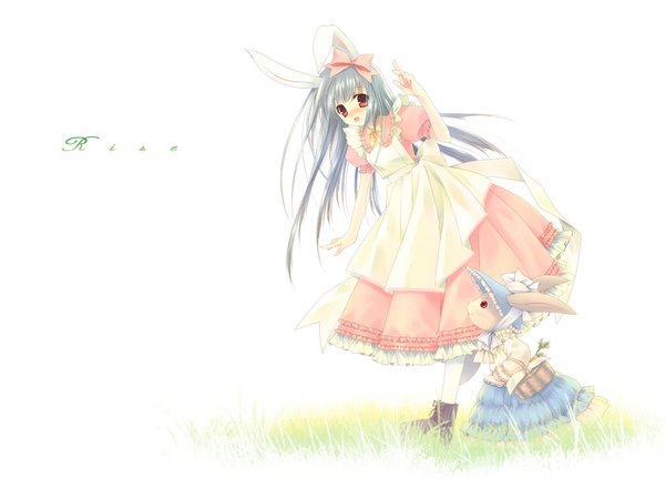 Anime picture 1024x768 with original touto seiro animal ears bunny ears dress ribbon (ribbons) bunny