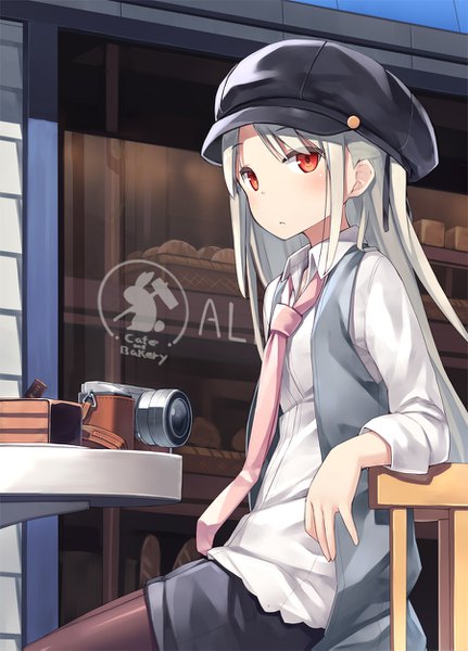 Anime picture 900x1251 with original poco (asahi age) single long hair tall image looking at viewer blush red eyes sitting grey hair turning head girl hat shirt pantyhose necktie shorts white shirt black pantyhose vest