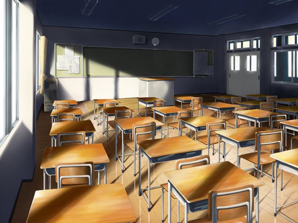 イラスト 1600x1200 と オリジナル スズリリ sunlight 影 no people classroom 窓 カーテン 椅子 時計 ランプ デスク ドア blackboard school 壁掛け時計