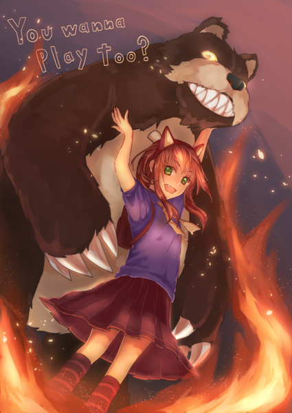 Anime picture 724x1023 with league of legends annie (league of legends) tibbers (league of legends) yu (pixiv id439101) single long hair tall image looking at viewer smile red eyes inscription teeth fang (fangs) text question girl dress skirt animal socks