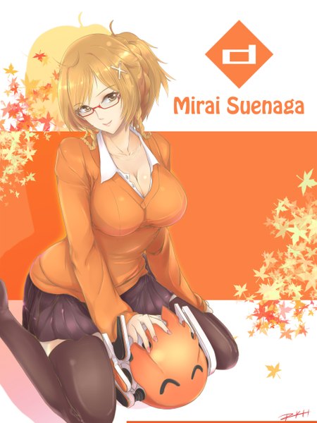 Anime picture 1950x2600 with mirai millenium suenaga mirai srkh single tall image looking at viewer highres short hair breasts light erotic brown hair large breasts brown eyes alternate hairstyle open collar hair up girl thighhighs black thighhighs glasses