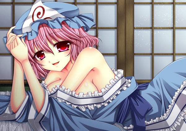 Anime picture 3541x2507 with touhou saigyouji yuyuko asazuki kanai single highres short hair light erotic red eyes bare shoulders pink hair absurdres girl bonnet