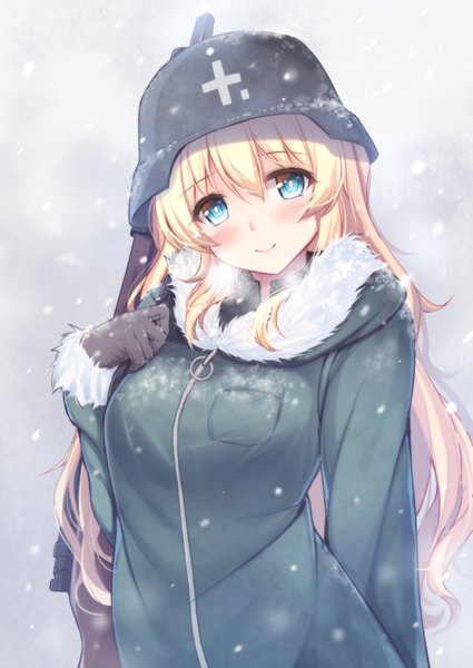 Anime picture 2150x3035 with shoujo shuumatsu ryokou white fox yuuri (shoujo shuumatsu ryokou) qunqing single long hair tall image looking at viewer blush fringe highres blue eyes blonde hair smile hair between eyes upper body long sleeves head tilt fur trim snowing