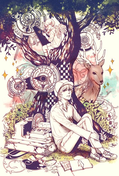 Anime picture 1200x1770 with original mustard (pixiv) tall image short hair sitting green eyes full body white hair angel boy flower (flowers) plant (plants) wings tree (trees) pants flat cap gears deer