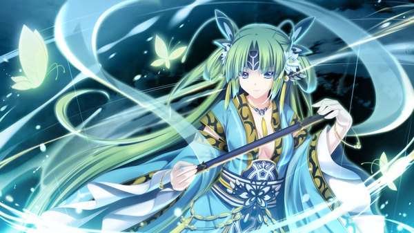 Anime picture 1280x720 with tenbin no la dea eushully single long hair looking at viewer blue eyes wide image game cg green hair girl dress hair ornament insect butterfly shawl