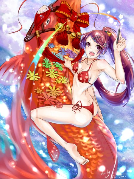 Anime picture 2000x2666 with original rainchat (artist) single long hair tall image highres open mouth light erotic red eyes brown hair ponytail girl hair ornament bow swimsuit bikini bell bobby pin fish (fishes) red bikini