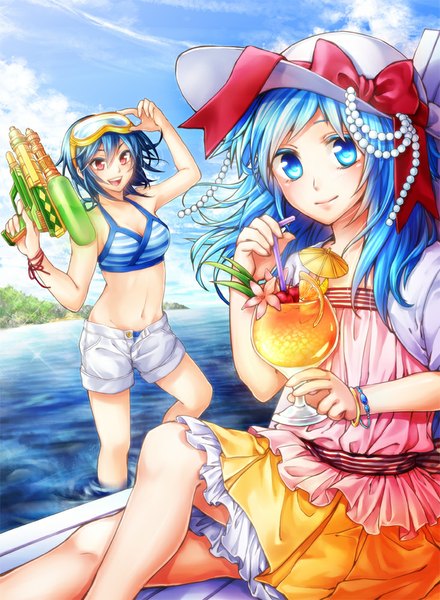 Anime picture 733x1000 with original makina (frog) tall image looking at viewer short hair open mouth blue eyes red eyes multiple girls sky cloud (clouds) girl dress bow 2 girls swimsuit hat water shorts sea