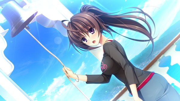 Anime picture 2194x1234 with pretty x cation 2 hibiki works ashiya suzuka single long hair blush highres open mouth brown hair wide image purple eyes game cg sky cloud (clouds) ponytail girl bell
