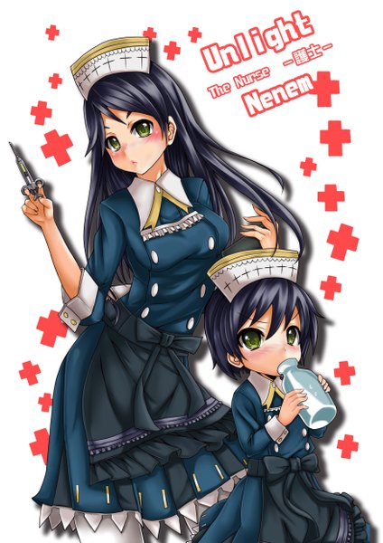 Anime picture 3507x4960 with unlight cuizilan long hair tall image looking at viewer blush highres short hair black hair multiple girls green eyes absurdres loli nurse girl 2 girls bottle syringe