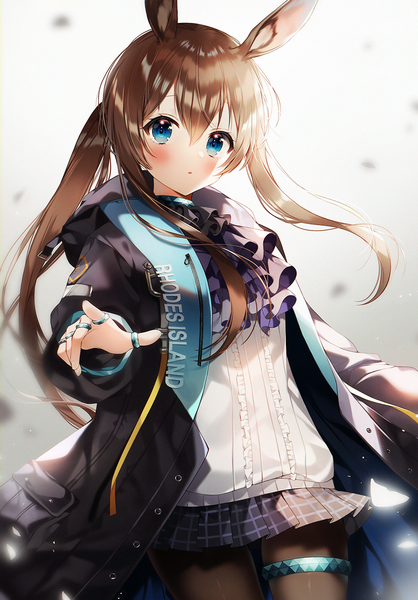 Anime picture 969x1392 with arknights amiya (arknights) weri single long hair tall image looking at viewer blush fringe open mouth blue eyes simple background hair between eyes brown hair standing white background animal ears payot ponytail pleated skirt