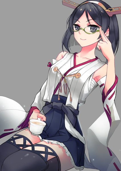 Anime picture 1480x2093 with kantai collection kirishima battleship tsubasa19900920 single tall image looking at viewer short hair black hair simple background smile sitting black eyes grey background nontraditional miko adjusting glasses girl thighhighs hair ornament black thighhighs detached sleeves
