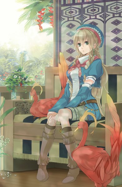 Anime picture 1200x1839 with original toryufu single long hair tall image looking at viewer blonde hair sitting green eyes girl flower (flowers) plant (plants) detached sleeves earrings animal socks bird (birds) black socks thigh boots beret