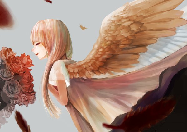 Anime picture 1129x800 with original milimilihosi single long hair fringe simple background eyes closed profile light smile lips grey background angel wings girl dress flower (flowers) wings rose (roses) feather (feathers)