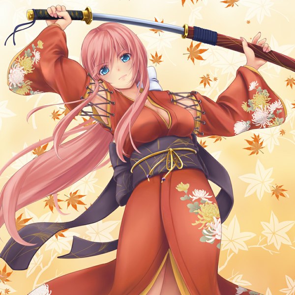 Anime picture 1000x1000 with vocaloid megurine luka bit (keikou syrup) single long hair looking at viewer blue eyes pink hair traditional clothes japanese clothes unsheathing girl weapon sword kimono katana leaf (leaves) obi sheath