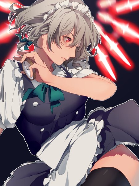 Anime picture 1200x1600 with touhou izayoi sakuya mihatarou single tall image short hair red eyes looking away profile grey hair maid fighting stance girl thighhighs black thighhighs headdress maid headdress clock knife pocket watch