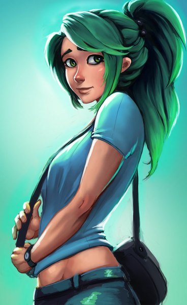 Anime picture 649x1056 with carlos eduardo single long hair tall image green eyes ponytail green hair lips bare belly girl bag t-shirt