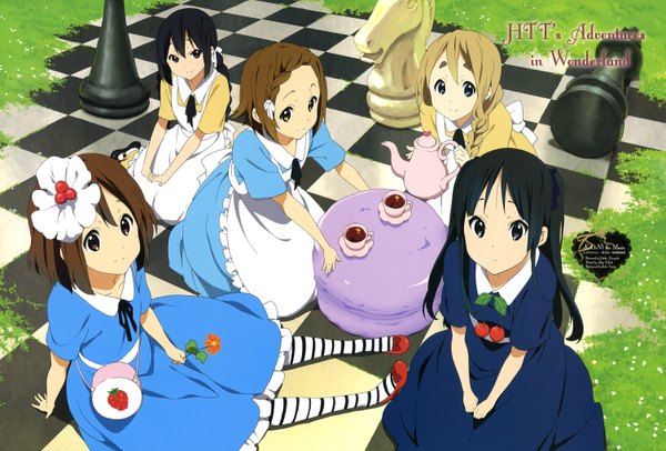 Anime picture 6012x4076 with k-on! kyoto animation akiyama mio hirasawa yui nakano azusa kotobuki tsumugi tainaka ritsu long hair looking at viewer highres short hair black hair blonde hair smile brown hair multiple girls brown eyes absurdres braid (braids) black eyes