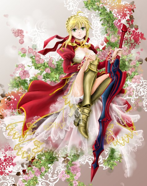 Anime picture 1115x1412 with fate (series) fate/stay night fate/extra studio deen type-moon artoria pendragon (all) saber nero claudius (fate) (all) nero claudius (fate) akko (pixiv) single tall image short hair blonde hair green eyes ahoge girl dress flower (flowers) plant (plants)