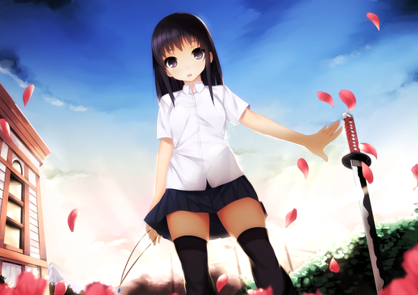 Anime picture 1414x1000 with original akagi asahito single long hair black hair cloud (clouds) black eyes from below zettai ryouiki girl thighhighs skirt black thighhighs miniskirt shirt petals sword white shirt katana pendant