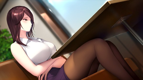 Anime picture 1280x720 with ai shimai iv fujimura eriko (ai shimai iv) ichikawa saasha single long hair blush fringe breasts brown hair wide image large breasts sitting bare shoulders brown eyes game cg hair over one eye girl skirt plant (plants) shirt