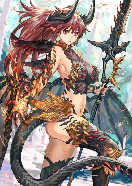 Anime picture 855x1200 with original ranou single long hair tall image looking at viewer fringe breasts light erotic red eyes large breasts standing bare shoulders holding bent knee (knees) ponytail red hair tail horn (horns) wind