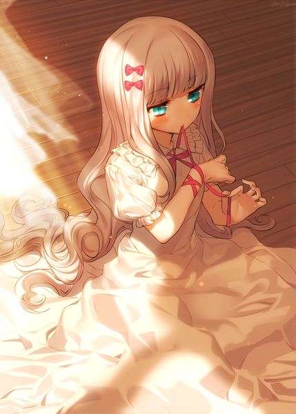 Anime picture 800x1119 with original kikugetsu single long hair tall image blush fringe sitting holding looking away silver hair blunt bangs aqua eyes from above puffy sleeves mouth hold wavy hair floor ribbon in mouth girl